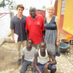 Project Managers Corey Spies (top left) and Brianna Parsons (top right) meet with Matarr Njai (top center), a livestock feeds researcher from The Gambia Department of Livestock Services